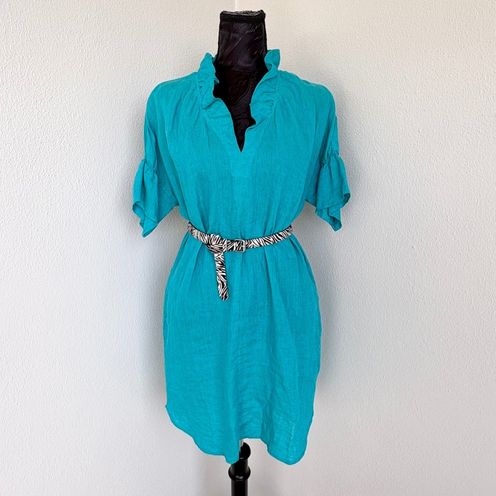 Finley Ruffle Neck Linen Shift Dress Womens XXS Teal Blue
